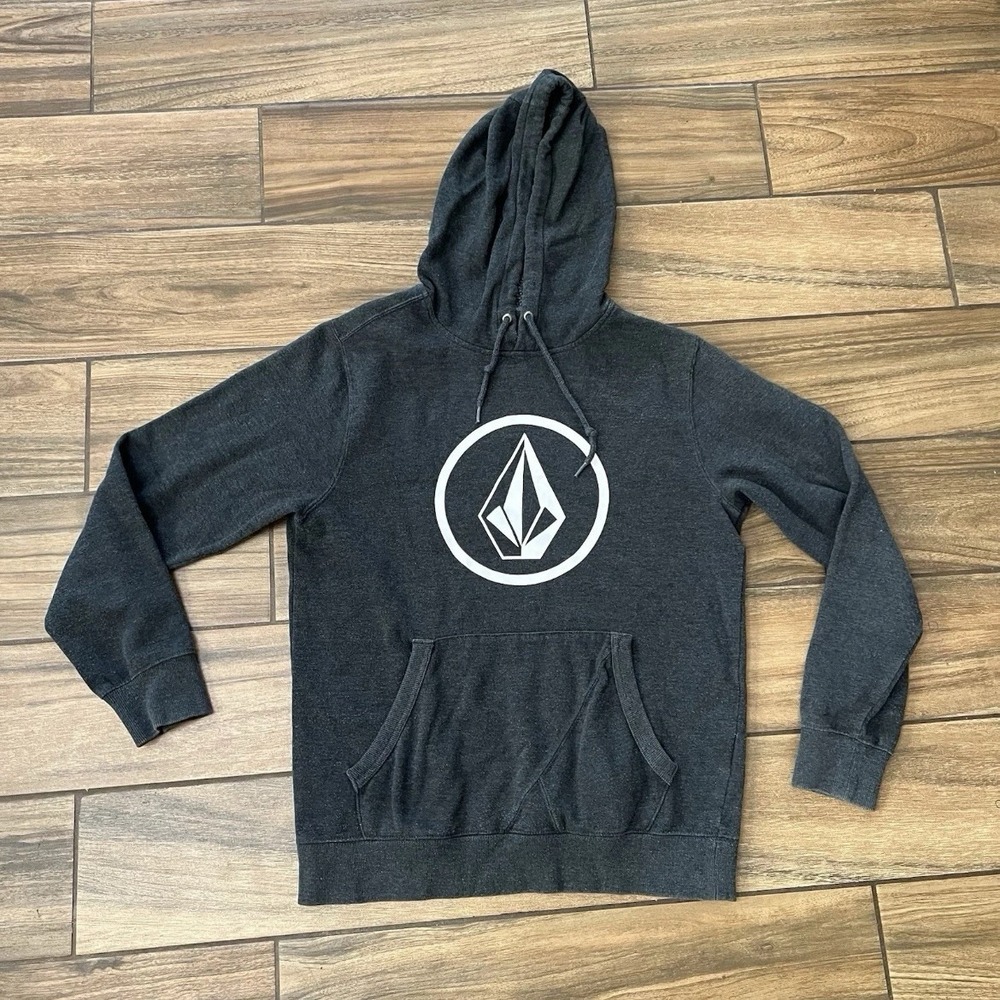 Volcom Stone Logo Pullover Hoodie Charcoal Gray Mens Small Skate Surf Sweatshirt